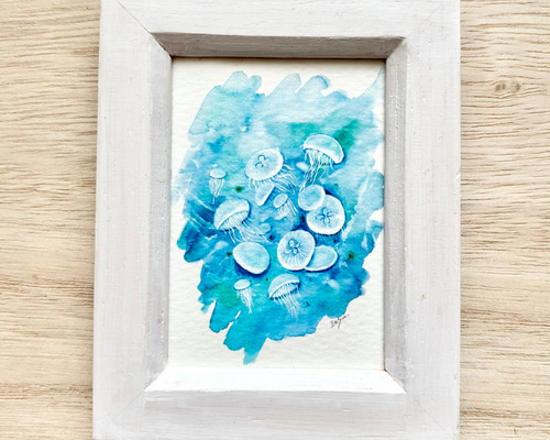 透明水彩画 ミニ額「涼しげクラゲ」プチギフト 夏インテリア くらげ 海