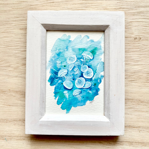 透明水彩画 ミニ額「涼しげクラゲ」プチギフト 夏インテリア くらげ 海