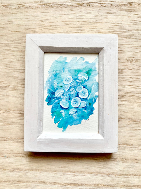透明水彩画 ミニ額「涼しげクラゲ」プチギフト 夏インテリア くらげ 海