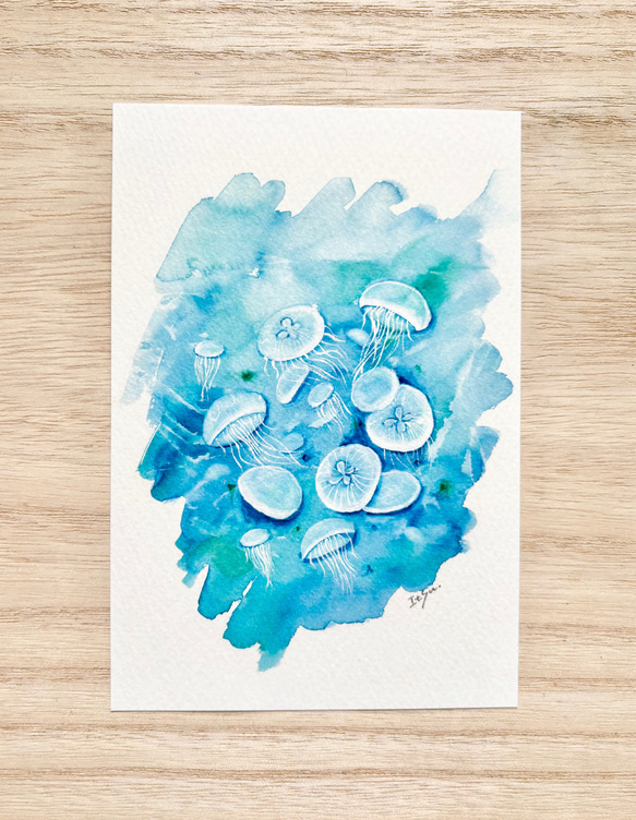 透明水彩画 ポストカード3枚セット「涼しげクラゲ」暑中見舞い 残暑