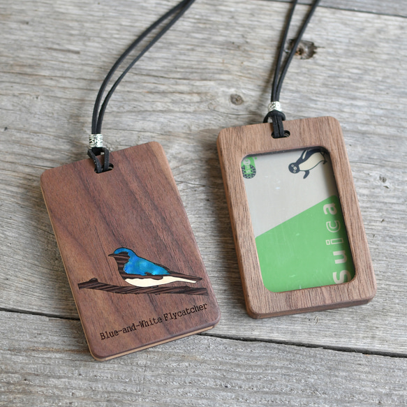 附窗木製通行證盒【藍白捕蠅鳥】適合IC卡尺寸 第1張的照片