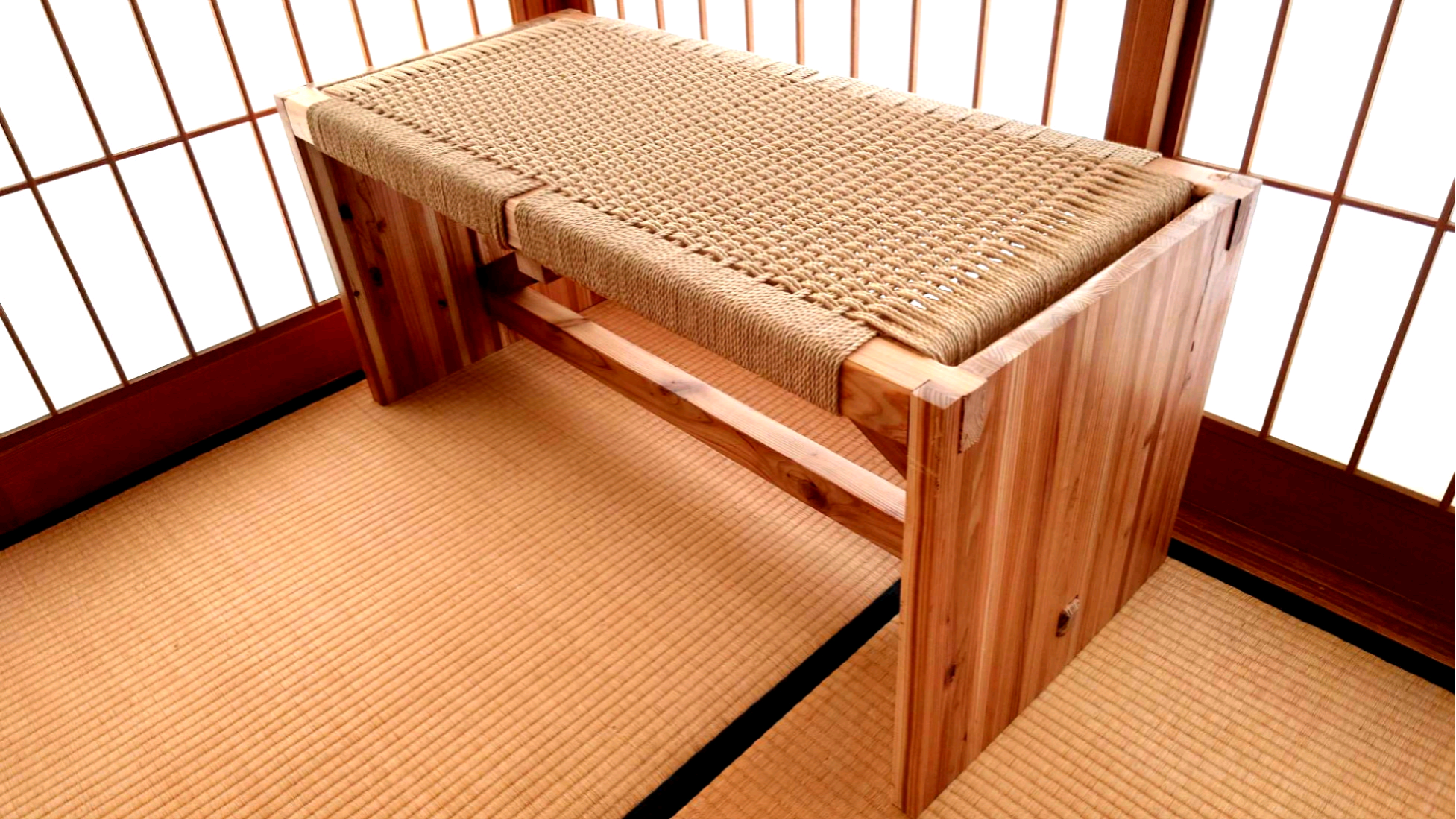【受注製作】杉とペーパーコードのベンチ｜国産材・木組み・ハンドメイド家具