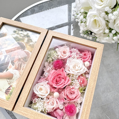プリザーブドフラワーのフォトフレームアレンジ（ピンク）/ウェルカム