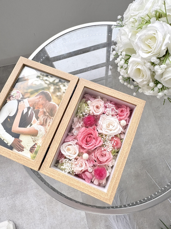 プリザーブドフラワーのフォトフレームアレンジ（ピンク）/ウェルカム