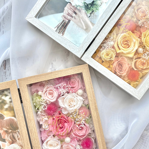 プリザーブドフラワーのフォトフレームアレンジ（ビタミンカラー