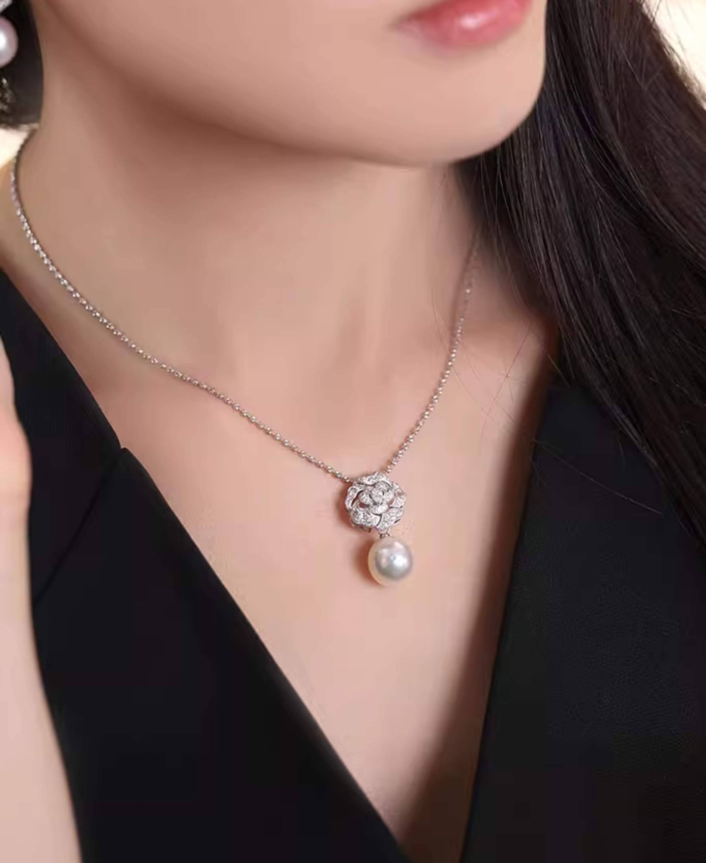 [ヘイズジュエリー]ダイヤモンドカメリアシリーズ 18Kゴールド 天然ダイヤモンドペンダント/イヤリング カメリア 3Dインレイ