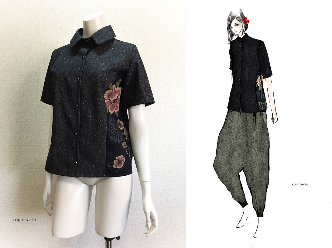 【1点もの・デザイン画付き】岡山産デニム＆和柄切り替えブラウス半袖（KOJI TOYODA）
