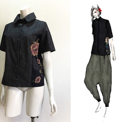 【1点もの・デザイン画付き】岡山産デニム＆和柄切り替えブラウス半袖 853d8ef78021d2654066c8f0d9327e