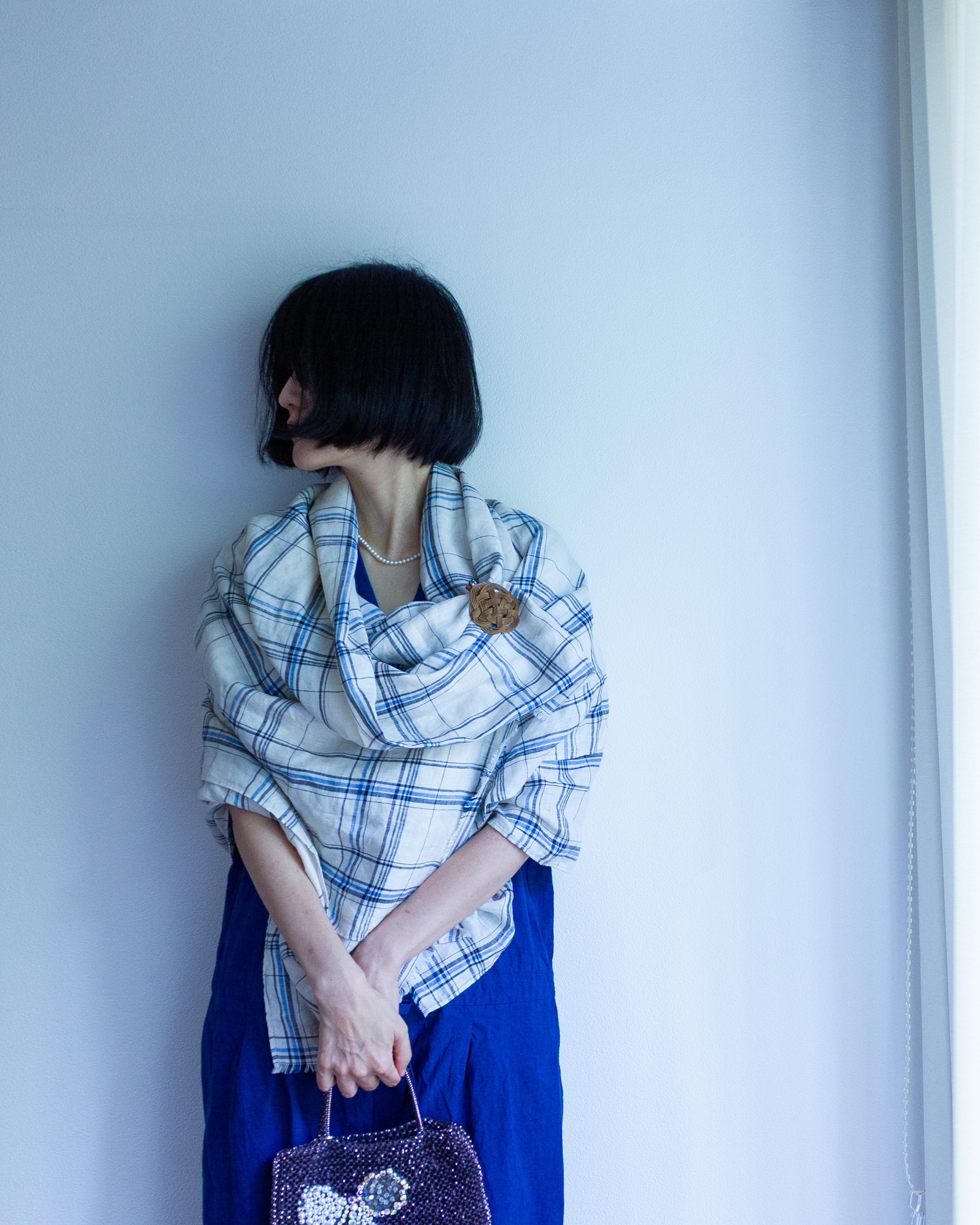 ■リネンストール　大判　■オフホワイト　水色チェック■