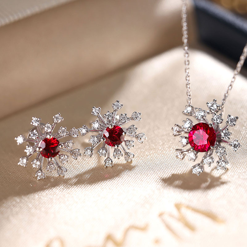 [ヘイズジュエリー] タンポポシリーズ 18K ホワイトゴールド ルビー 天然ダイヤモンド ペンダント/イヤリング シードフライ