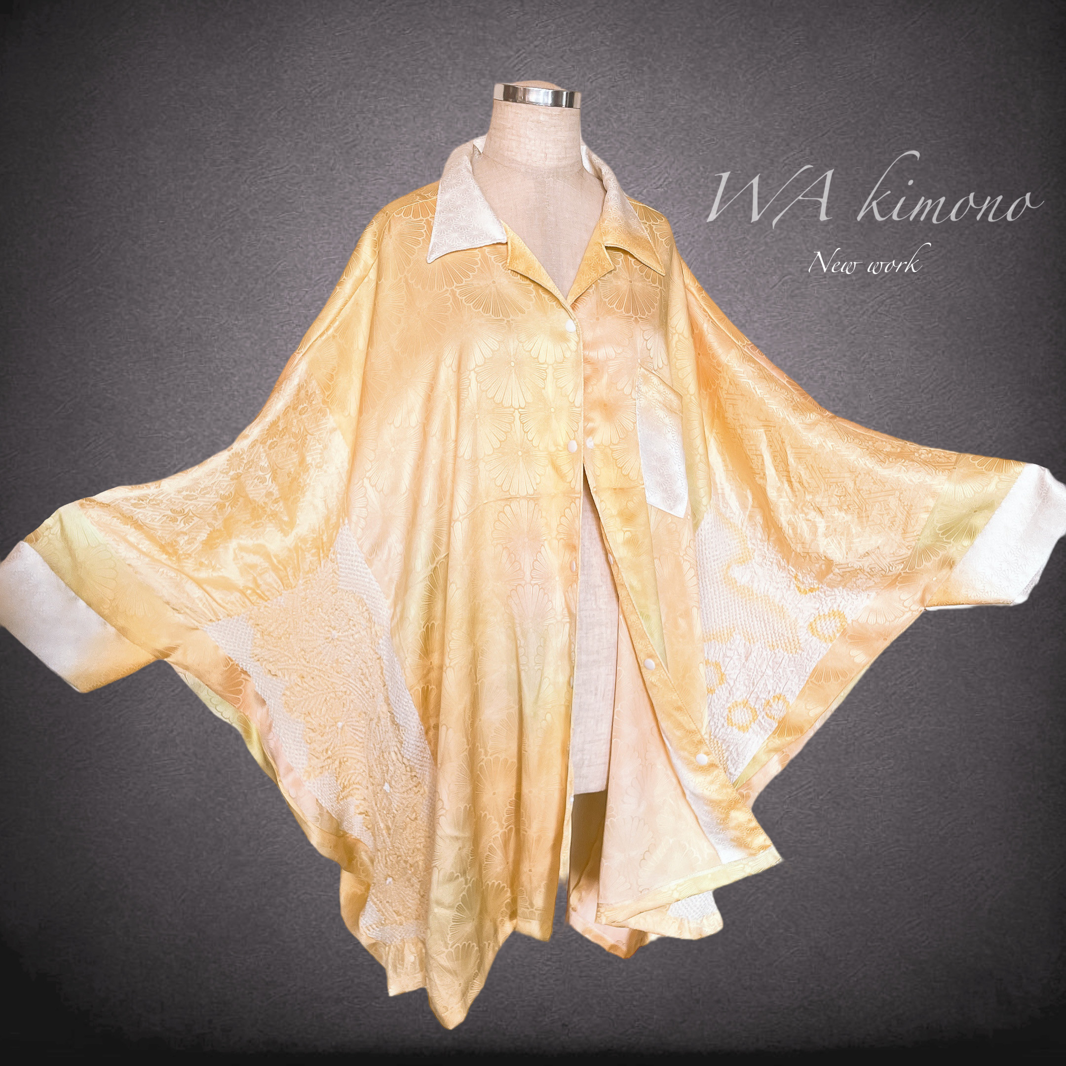 イエロー リピ確定！男女兼用 正絹 ドルマンシャツ フリーサイズ ビッグシャツ 着物リメイク 黄色 N70103