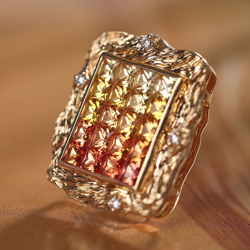 [ヘイズジュエリー]スクエアクンサンライズシリーズ18Kゴールドナチュラルカラーサファイアペンダント油絵グラデーショントーンジュ