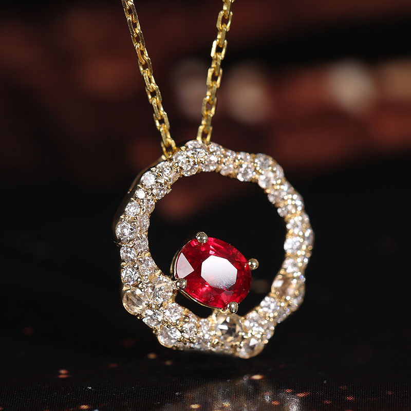 [ヘイズジュエリー] サンライズシリーズ 18Kゴールド ピジョンブラッドルビーペンダント 天然ダイヤモンド パヴェインレイ ク