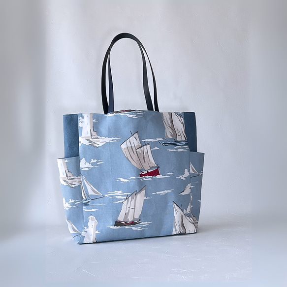 ①ハンドメイド トワルドジュイ柄サイドポケット付きトートバッグ