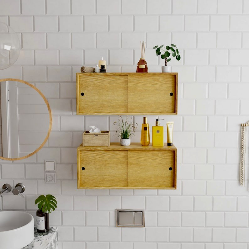 ホワイトオーク　北欧スタイル　洗面収納　キャビネット　スリム収納　簡単取付　ナチュラル収納棚（スライド付き）コンパクト