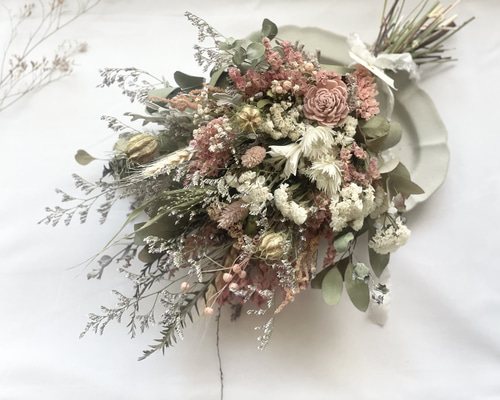 くすみピンクとホワイトのドライフラワースワッグ】スワッグ ブーケ