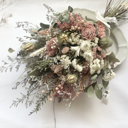 くすみピンクとホワイトのドライフラワースワッグ】スワッグ ブーケ