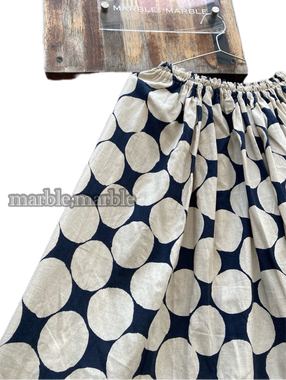 【着丈延長可】着丈約73cm綿麻シーチング　ギャザースカート　水玉　ドット　レディーススカート