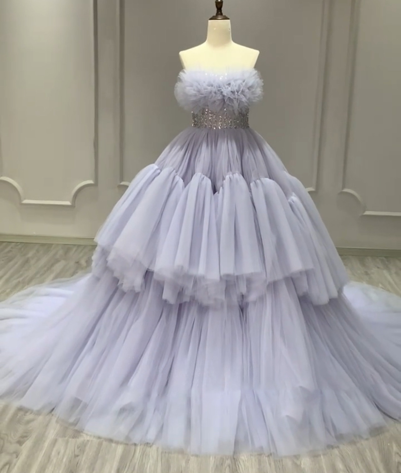 激売れギャザー　ラベンダー色パープル　チュール　チューブトップ　編み上げ　サイズオーダー可能　キラキラストーン　海外挙式