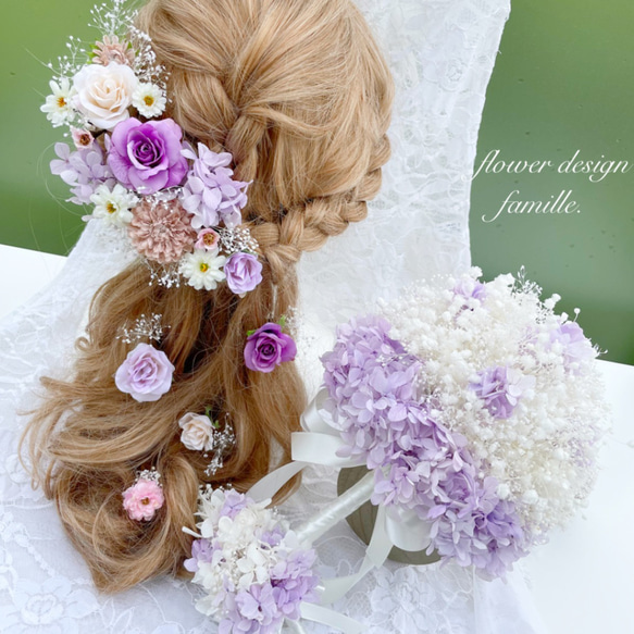 【 オーダーメイド ブーケ & ブートニア & ヘッドドレス 3点セット 】夢咲く1日を彩る、特別なお花❁⃘ 髪飾り 6枚目の画像