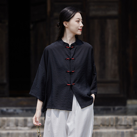 日焼け止めブラウス 空調シャツ 涼し気な雰囲気が魅力の手巻きシャツ #黒色 2枚目の画像