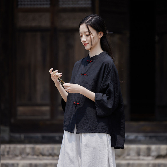 日焼け止めブラウス 空調シャツ 涼し気な雰囲気が魅力の手巻きシャツ #黒色 5枚目の画像