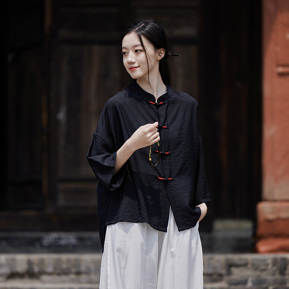 日焼け止めブラウス 空調シャツ 涼し気な雰囲気が魅力の手巻きシャツ #黒色 4枚目の画像