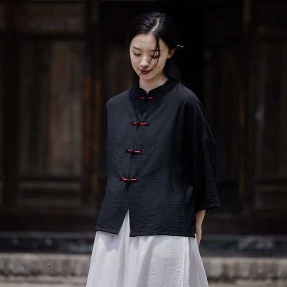 日焼け止めブラウス 空調シャツ 涼し気な雰囲気が魅力の手巻きシャツ #黒色 6枚目の画像