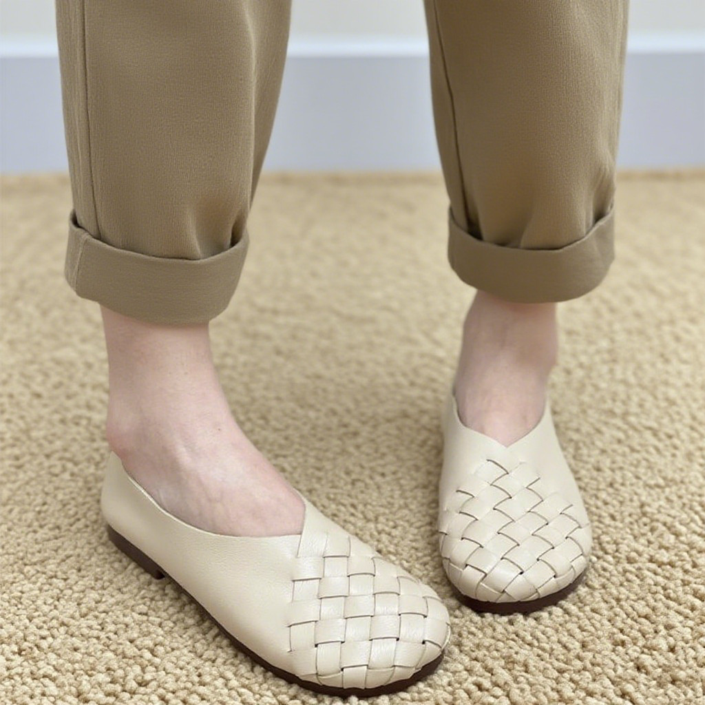 4色ソフト牛革編み込み|フラットシューズ |牛革シューズ|フラットシューズ|レトロシューズ