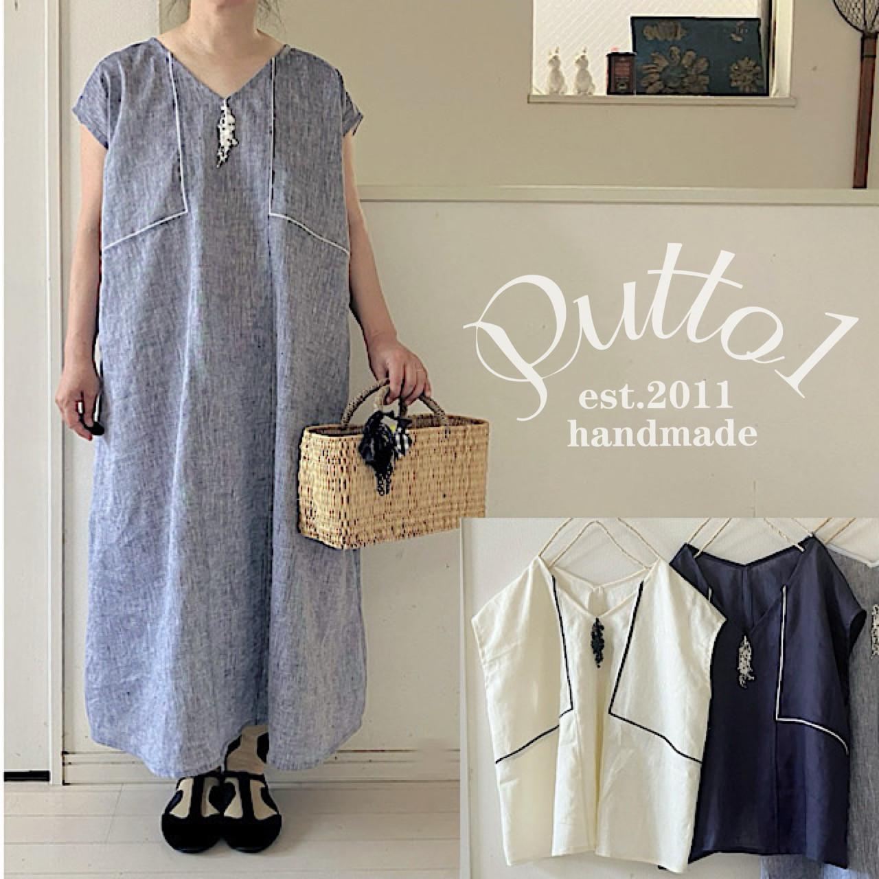 ベルギー/ベルギーリネン他「受注生産」選べる3色・揺れるレースとパイピングの爽やかゆったりVネックワンピース