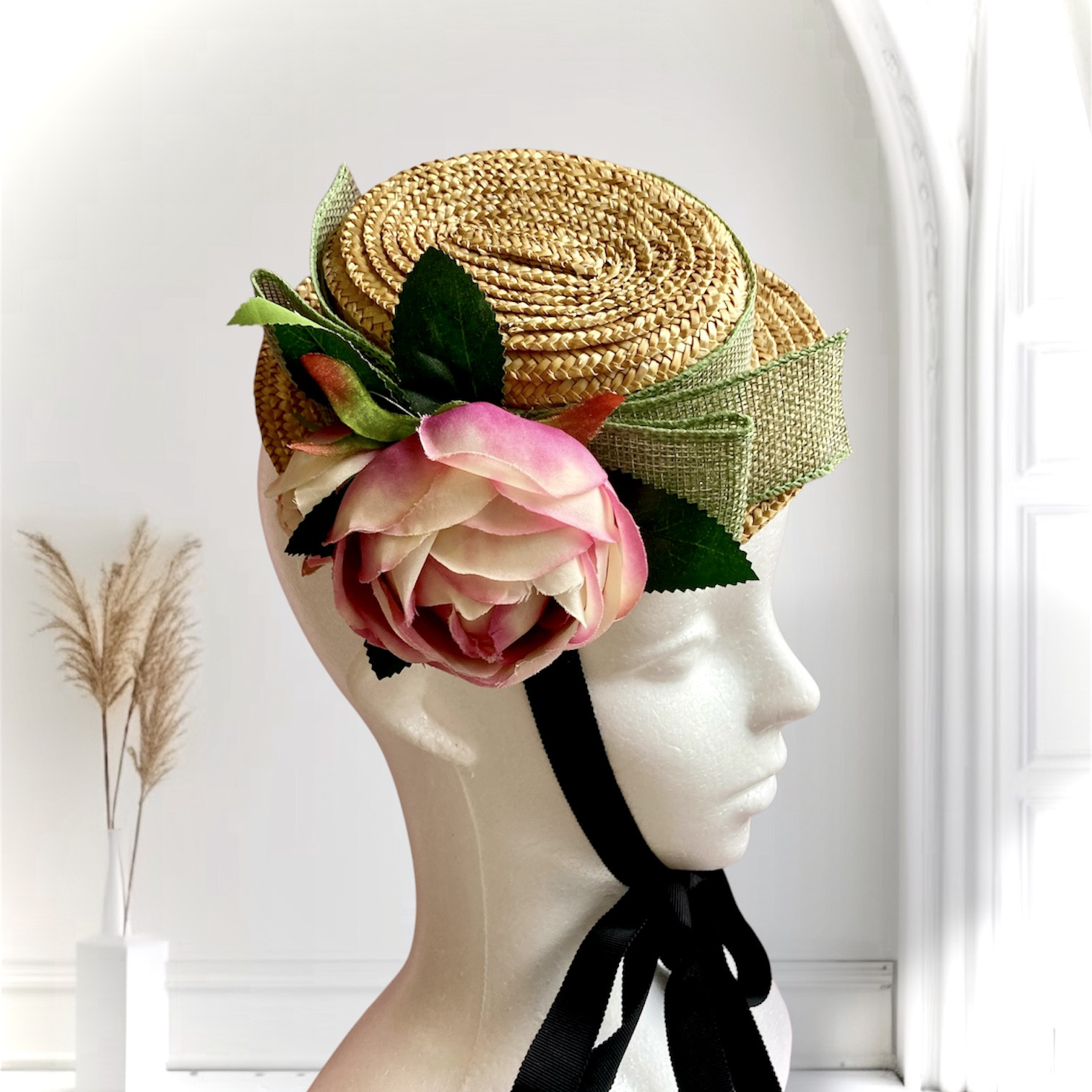 ✤ミニカンカン帽ドレスハット/ナチュラル×グリーンリボン✤