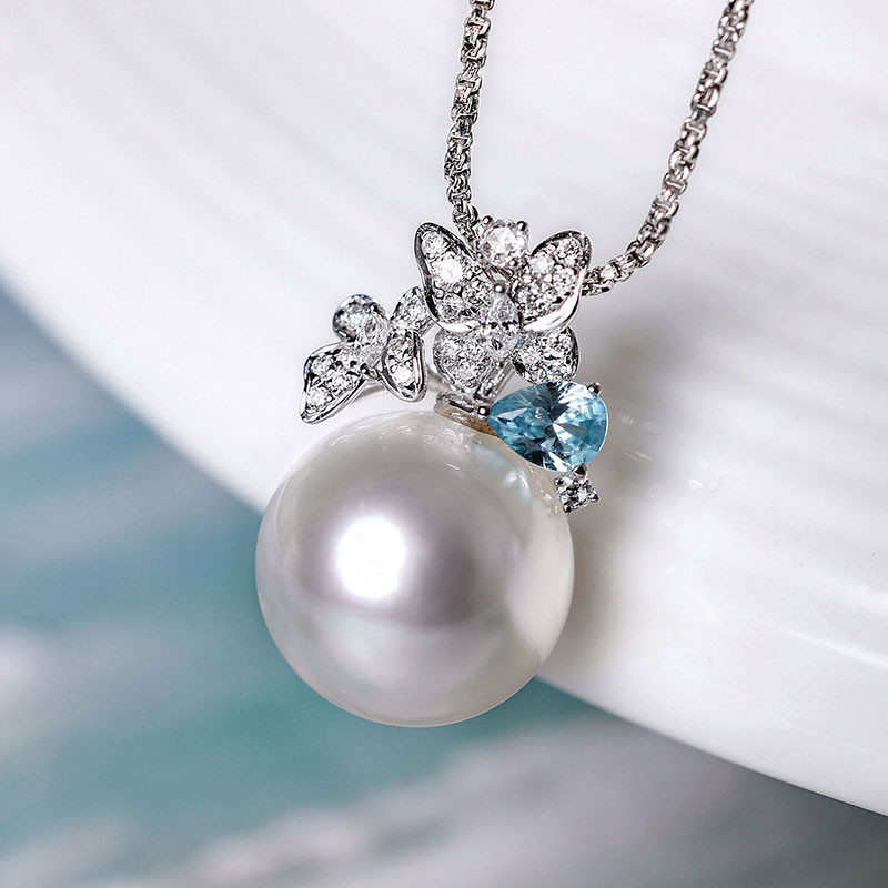 [ヘイズジュエリー] フラワーダンスシリーズ 18K ホワイトゴールド 10-11mm 南洋ホワイトパール アクアマリンペンダン