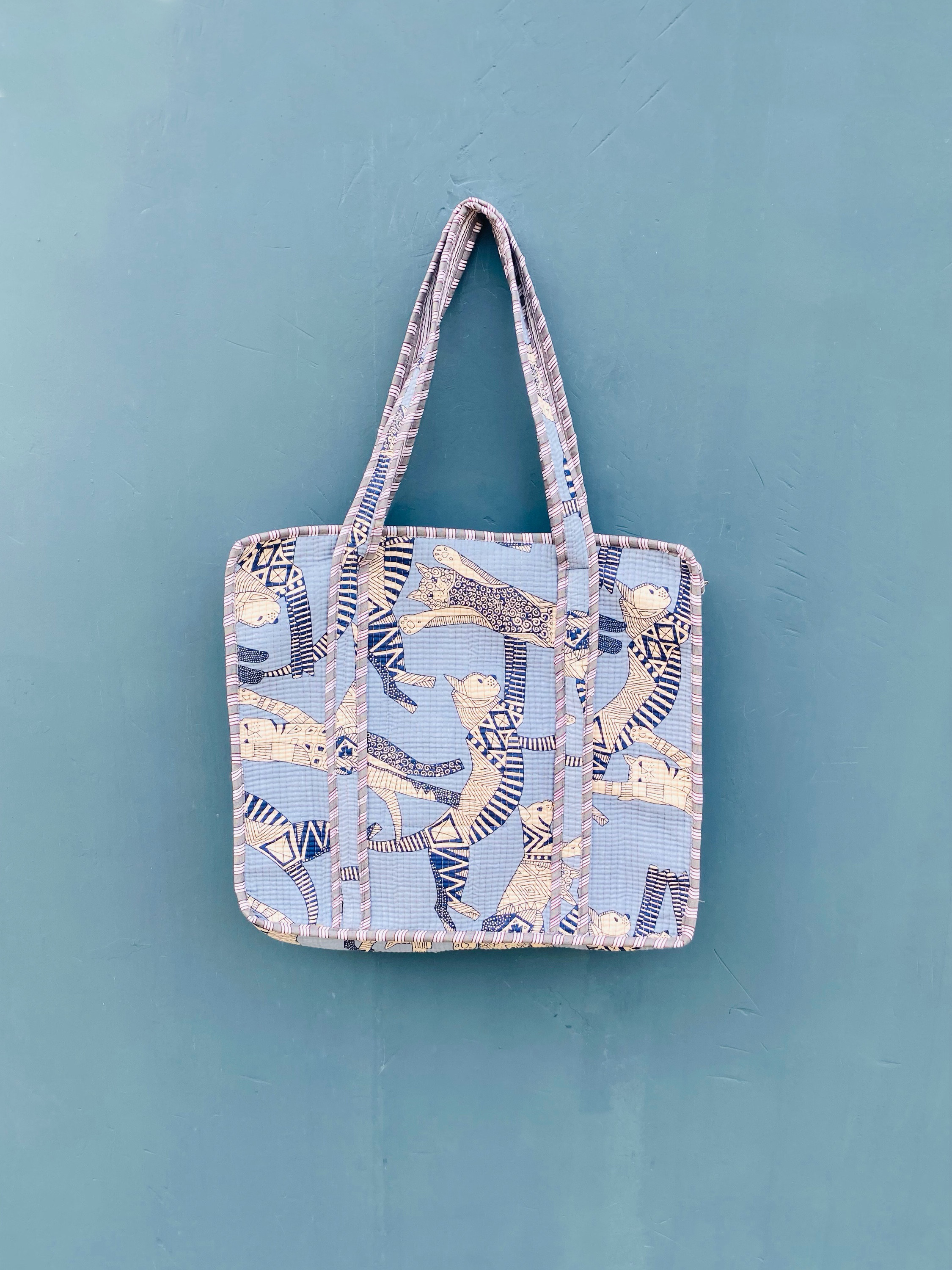 インド・ジャイプルの手仕事｜エキゾチック猫柄 大容量 トートバッグ マザーズバッグ