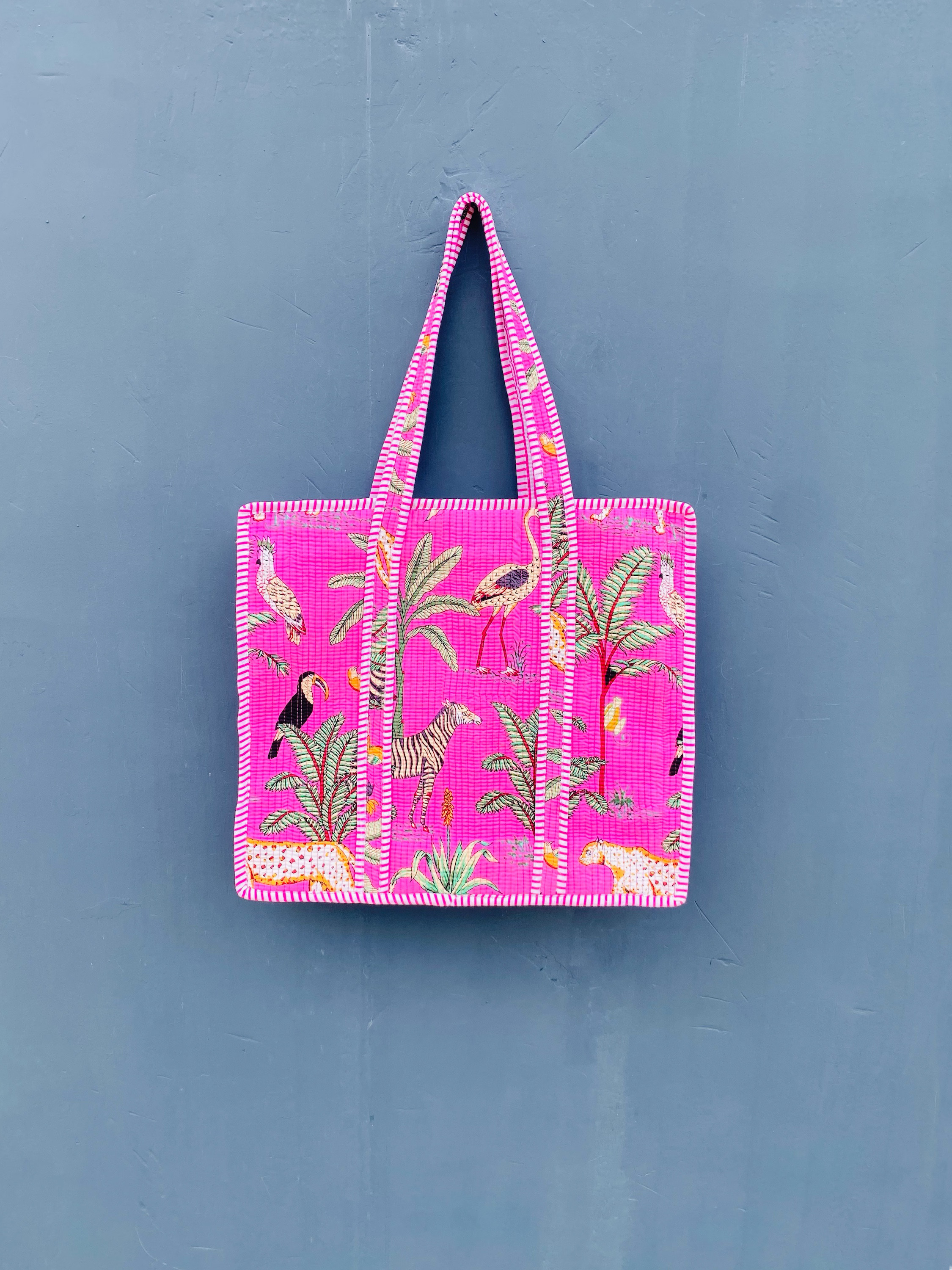 インド・ジャイプルの手仕事｜ピンク・サファリ柄 大容量 トートバッグ マザーズバッグ