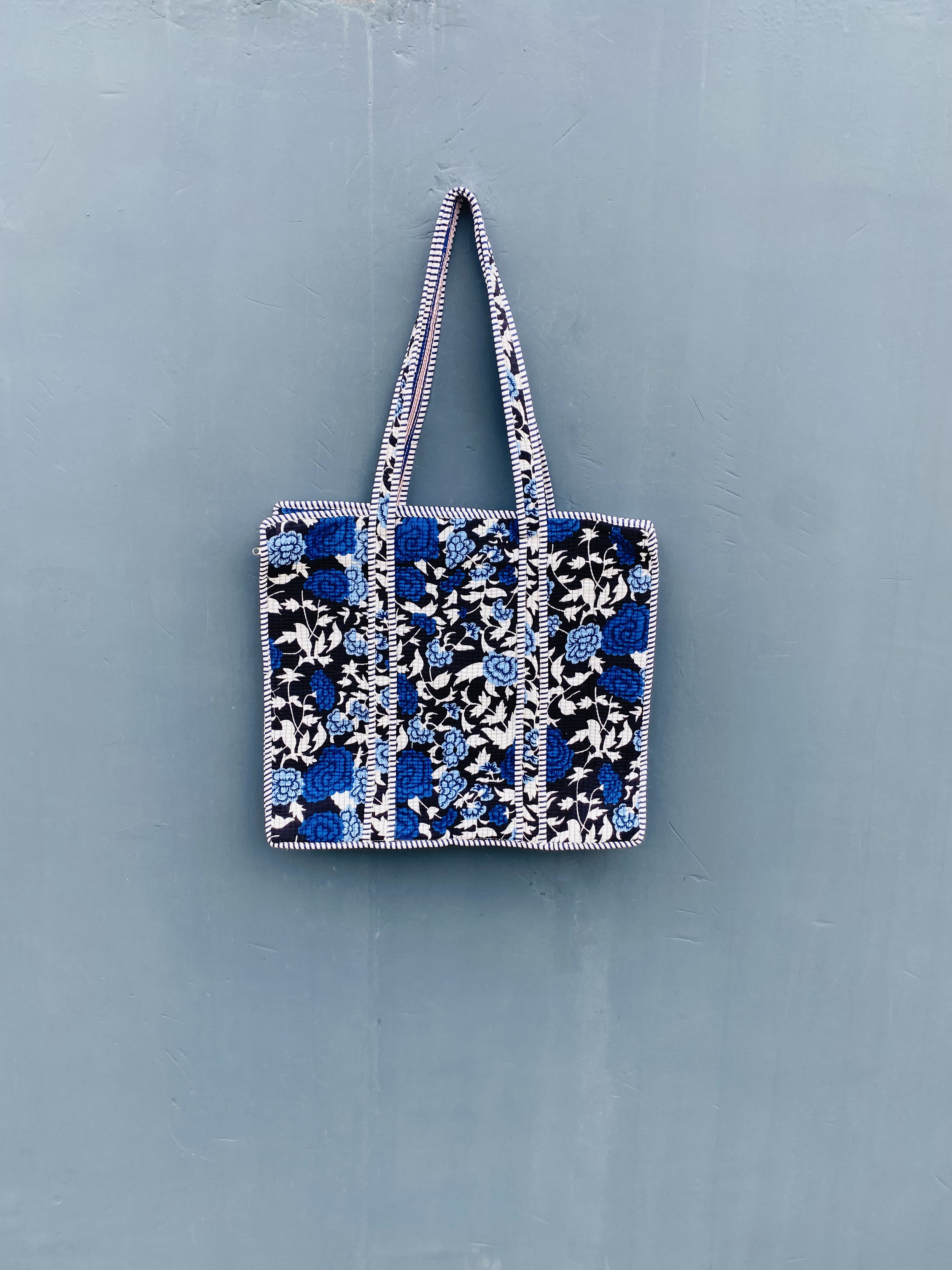 インド・ジャイプルの手仕事｜ブルー花柄 大容量 トートバッグ マザーズバッグ
