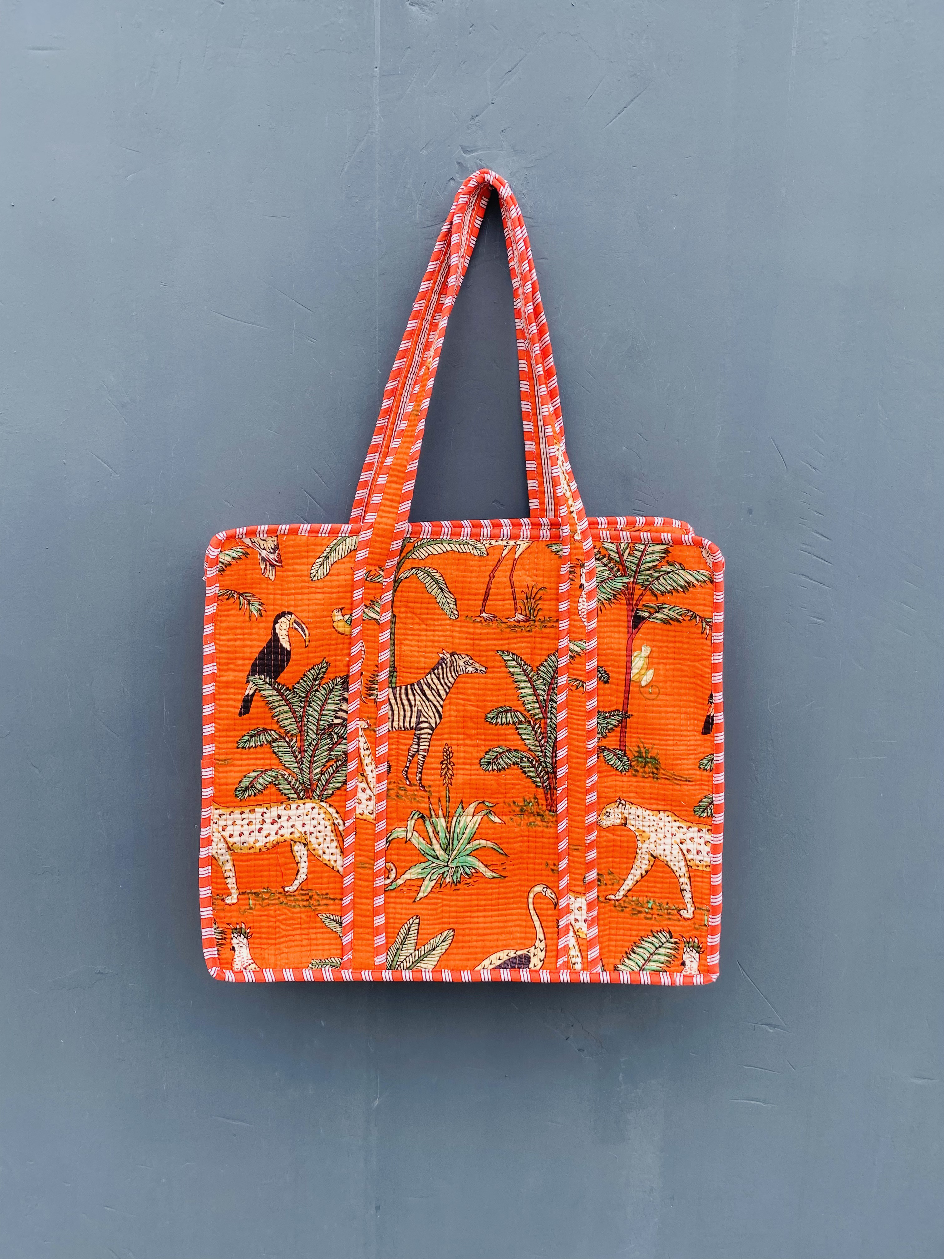 インド・ジャイプルの手仕事｜レッド・サファリ柄 大容量 トートバッグ マザーズバッグ　ユニセックス