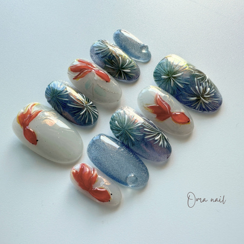 香夏ページ ネイルチップ ネイルチップ受注生産】2025 金魚と花火〜夏ネイル ネイルチップ