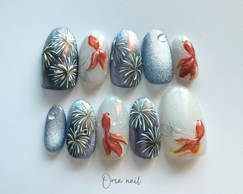 香夏ページ ネイルチップ ネイルチップ受注生産】2025 金魚と花火〜夏ネイル ネイルチップ