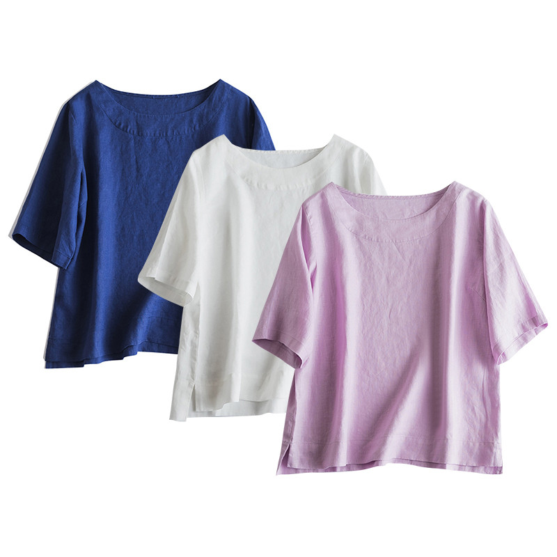 シンプル通気性良くリネンTシャツ　丸襟リネン半袖シャツ　6色　フリーサイズ　L664