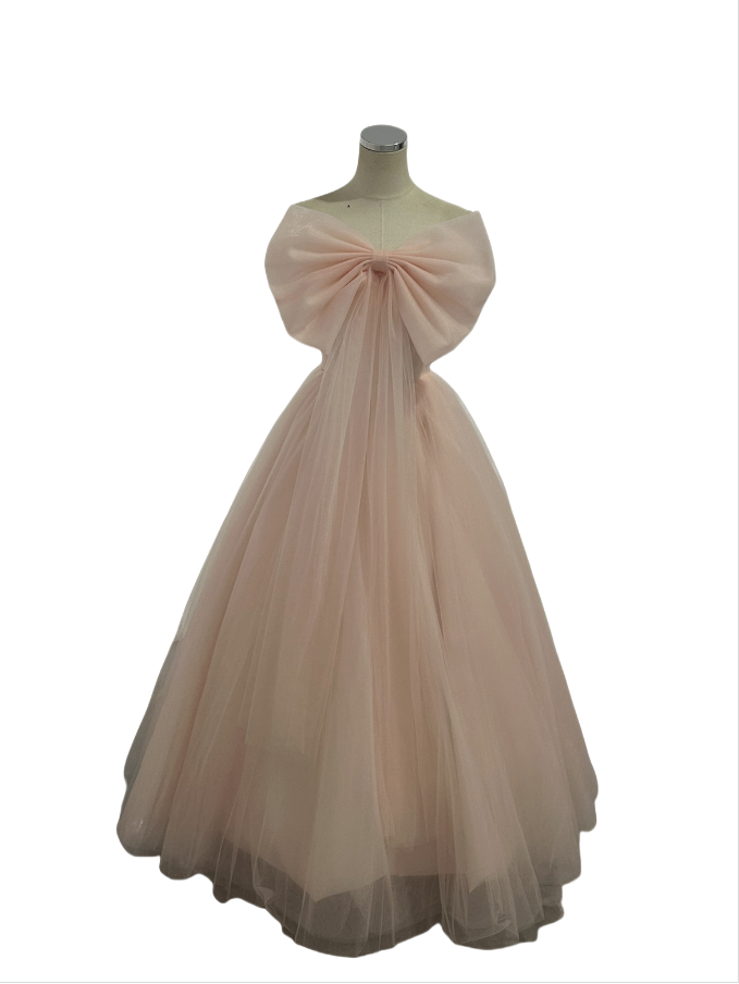 カラードレス 優しい リボン 薄ピンク ビスチェドレス ロング 結婚式 前撮り 二次会