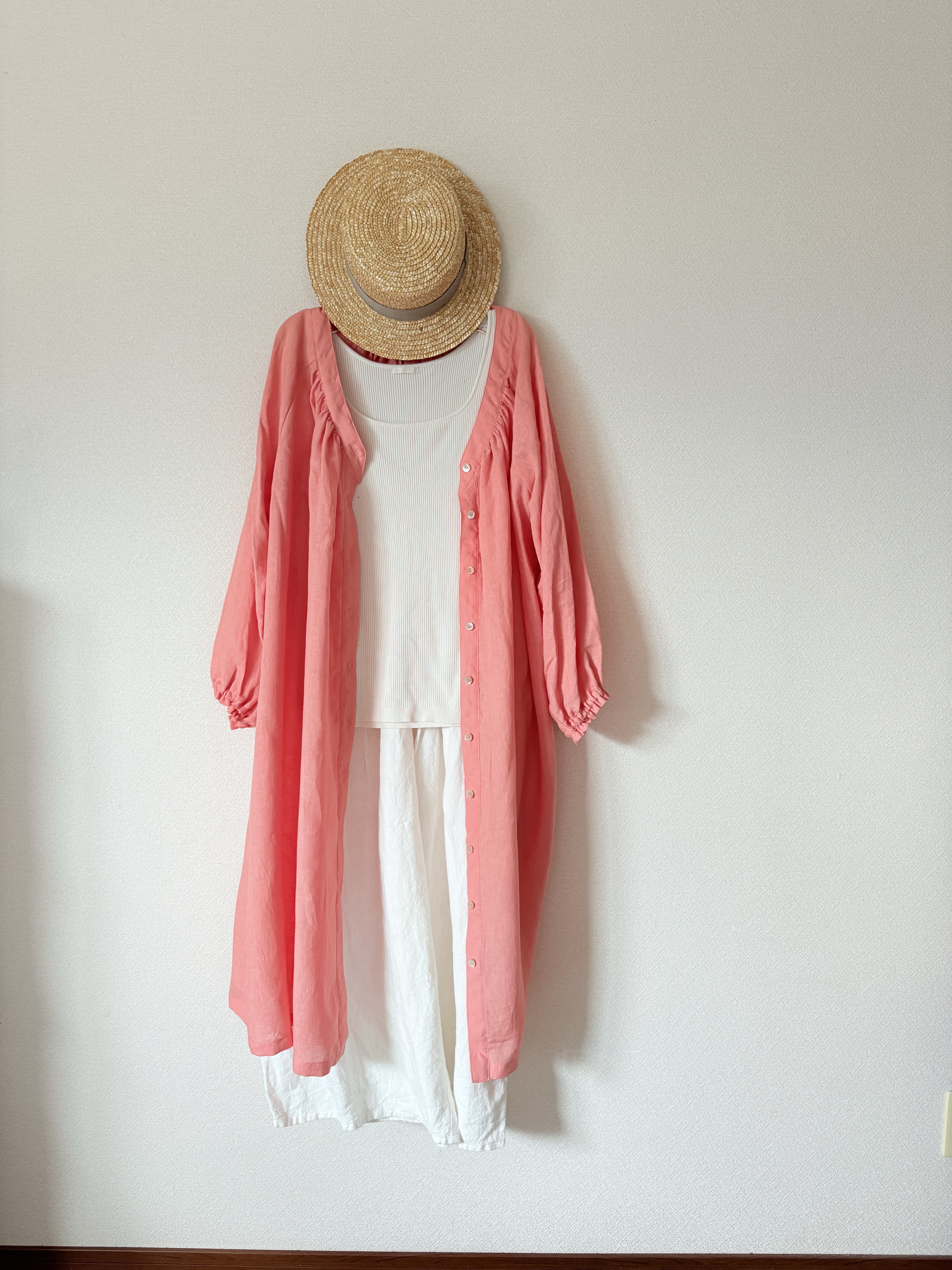 水撚りリネン/2wayワンピース/サーモンピンク/シェルボタン/ゴム袖仕立て　リネン100%
