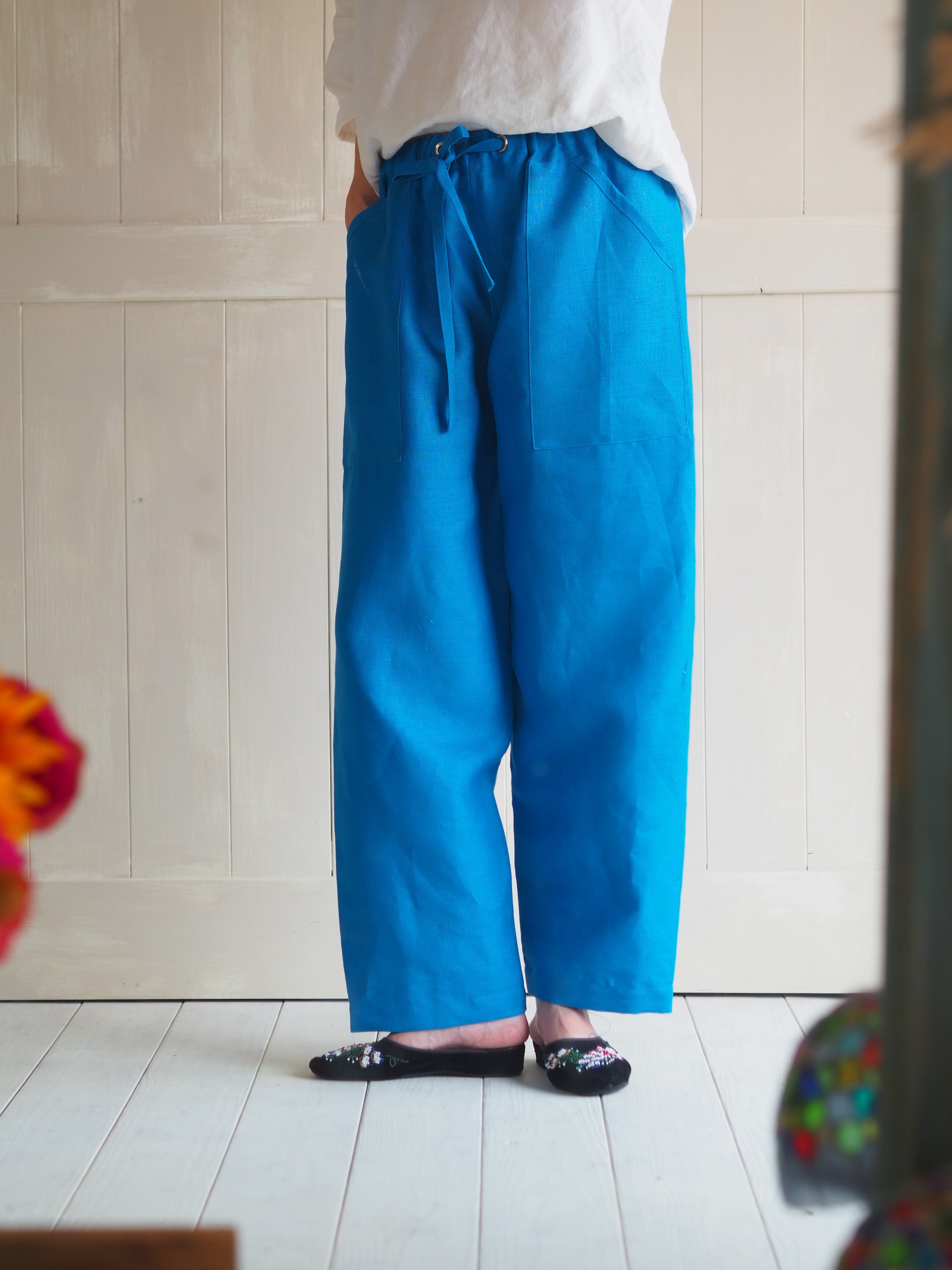 フレンチリネン100％ ターコイズ リラックスパンツ メンズサイズ ゆったりシルエット／テーパード／ワンマイルウェア