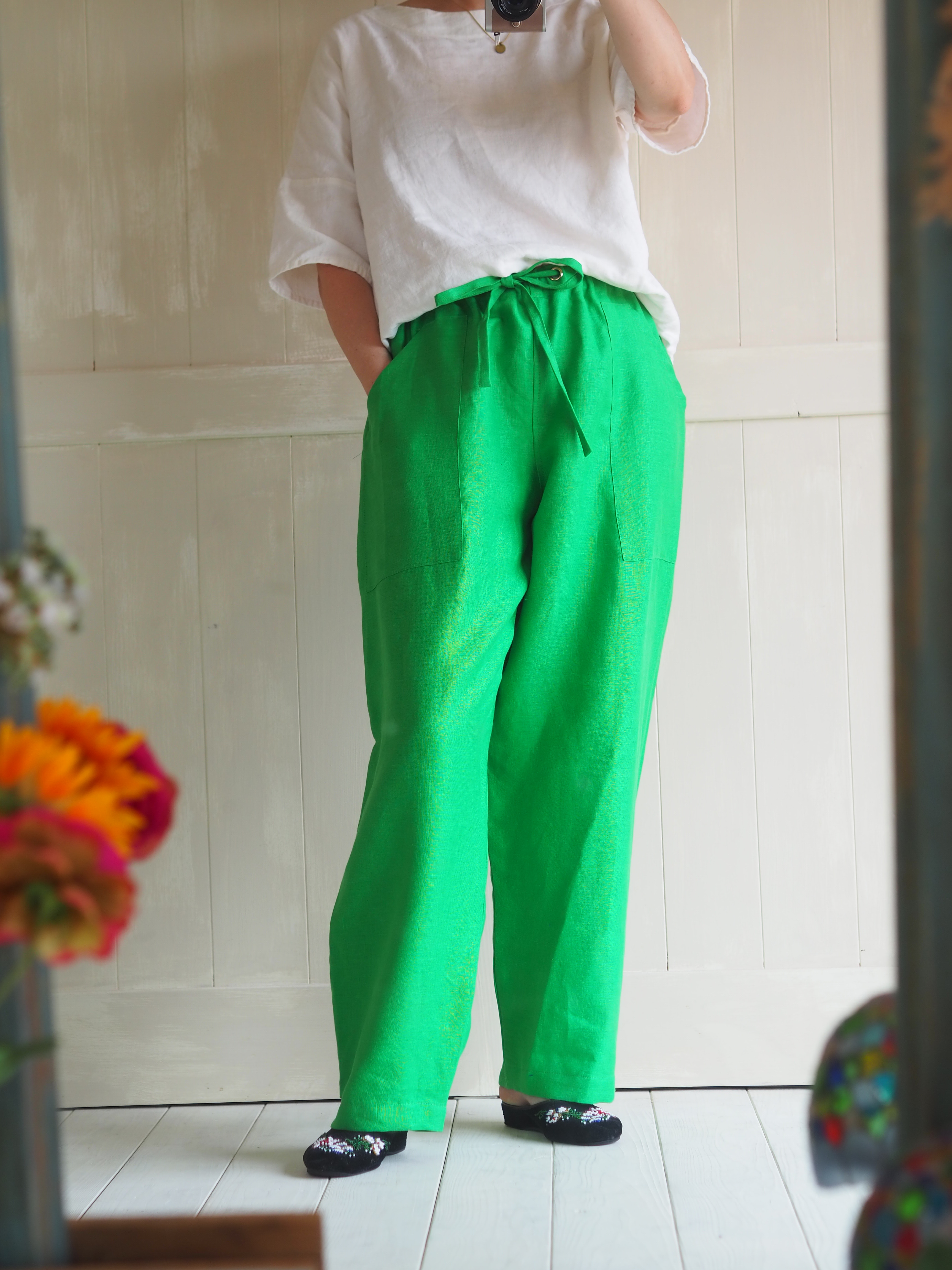 【即納】フレンチリネン　　グリーン　リラックスパンツ　　メンズパンツ