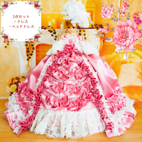 送料無料 ジェニーサイズ 27㎝ドール服 ピンクのドレス ロココ調
