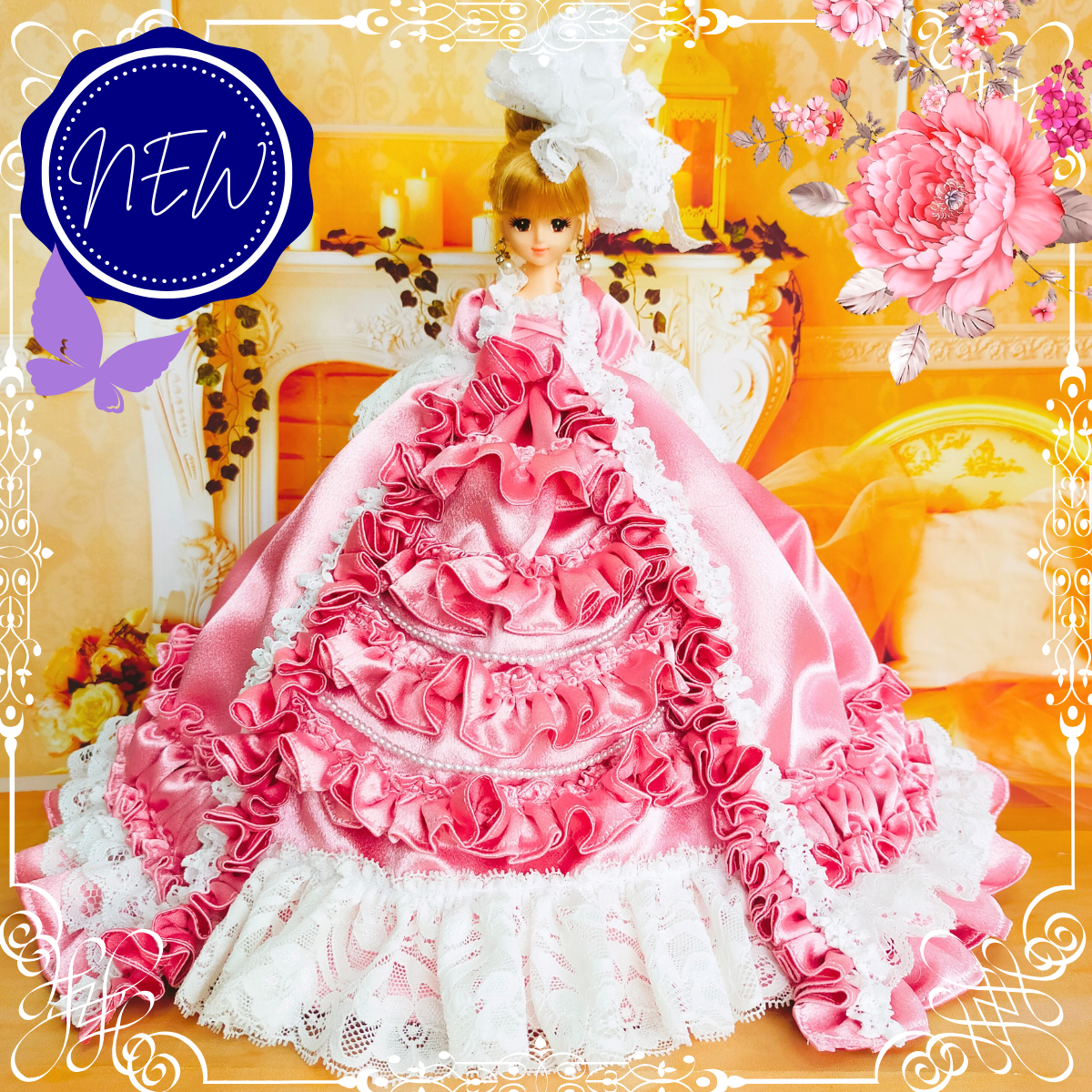 送料無料 ジェニーサイズ 27㎝ドール服 ピンクのドレス ロココ調