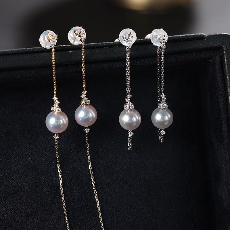 [ヘイズジュエリー] オーロラシリーズ 18K ツーカラーゴールド 7-7.5mm 日本製アコヤ海水真珠ピアス 天然ダイヤモンド