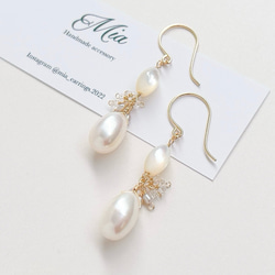 淡水パールとアクアマリンのピアス／イヤリング 14kgf ピアス（フック