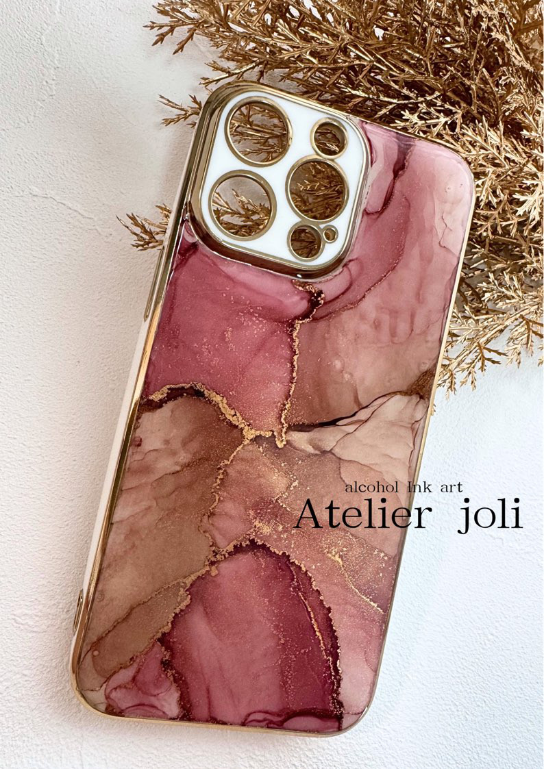 ローズワイン×ゴールドケース｜iPhone対応／アルコールインクアート