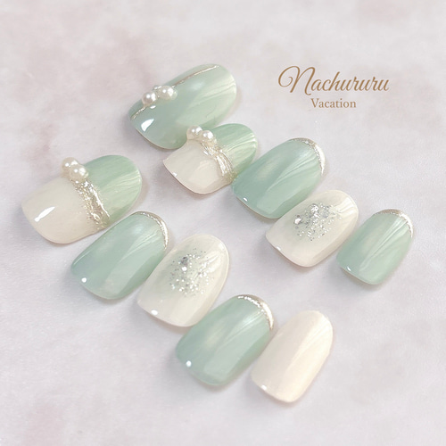ミントグリーン マグネット フレンチ ニュアンス ネイルチップ フェス