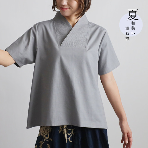 新作　夏ＳＡＬＥ 上質ギマ擬麻コットン　和装　重ね襟　Vネック　プル オーバー シャツ　半袖シャツ　トップス　ブラック　F24B 新作 夏SALE 上質ギマ擬麻コットン 和装 重ね襟 Vネック